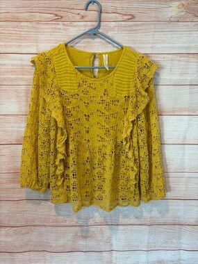 Anthropologie Mustard Crochet Ruffle Blouse